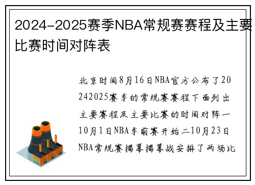 2024-2025赛季NBA常规赛赛程及主要比赛时间对阵表
