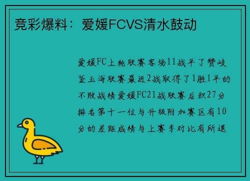竞彩爆料：爱媛FCVS清水鼓动