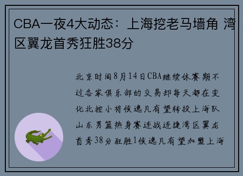 CBA一夜4大动态：上海挖老马墙角 湾区翼龙首秀狂胜38分